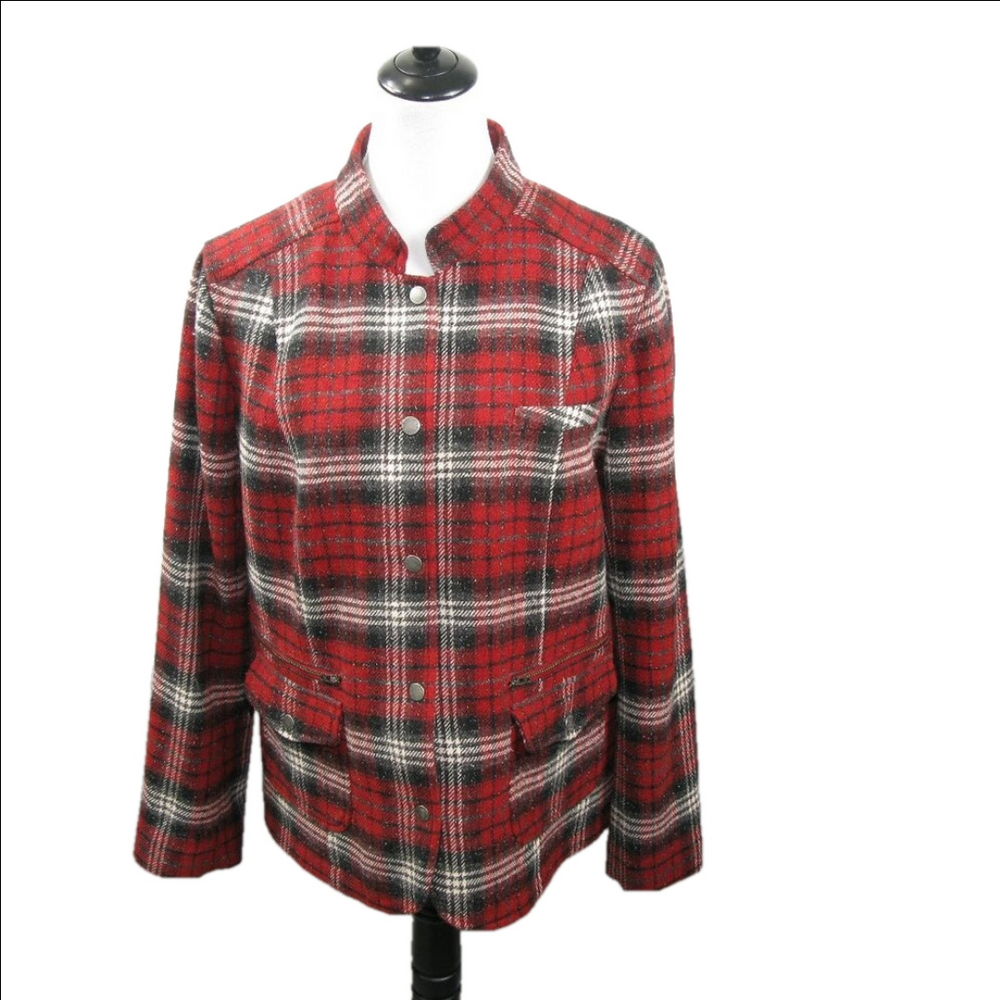 L.L. Bean Red/Black Plaid Wool Blend Snap Front Shacket Size Large